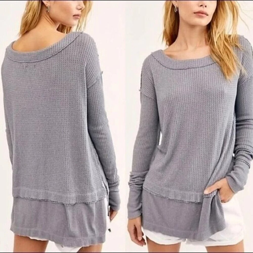 We The Free Women North Shore Waffle Knit Thermal Tunic Sz S Gray Lagenlook